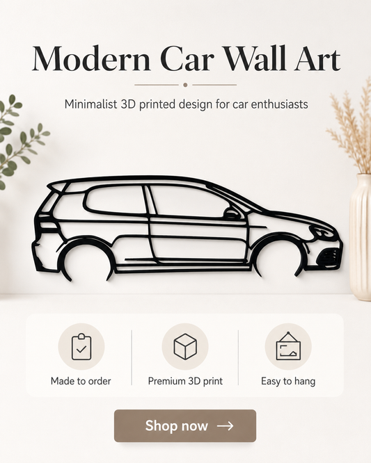 Volkswagen Golf 6 R Silhouette 3D Printed Wall Art