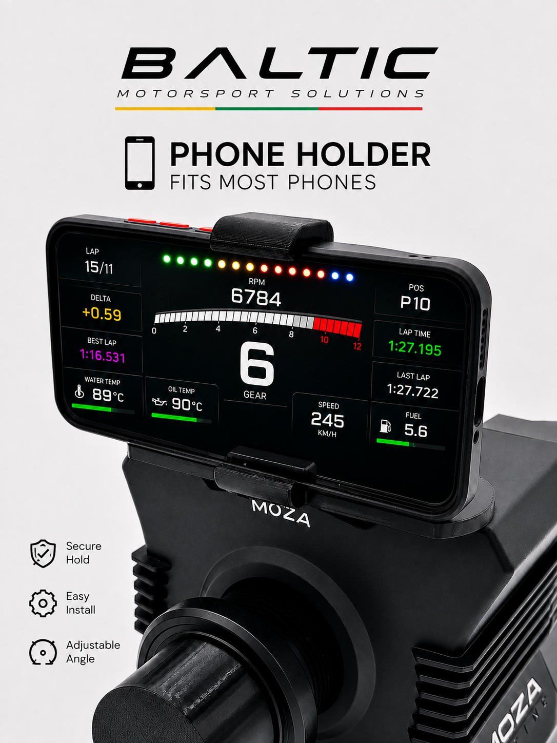 Moza Racing Wheel Base Phone Holder | Sim Racing Smartphone Mount | Dashboard & Telemetry Display